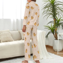 Load image into Gallery viewer, image of a woman wearing beige pajamas set for women - golden retriever pajamas set for women - back view 