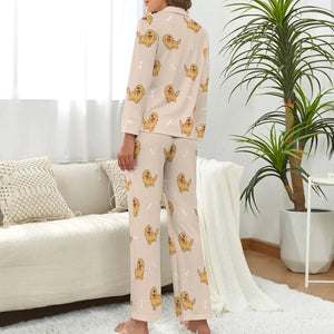 image of a woman wearing beige pajamas set for women - golden retriever pajamas set for women - back view 