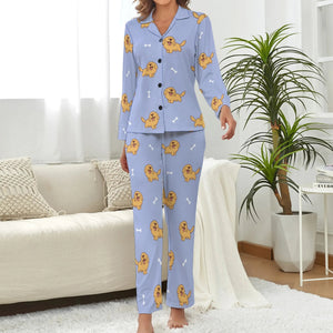 image of a woman wearing purple pajamas set for women - golden retriever pajamas set for women 