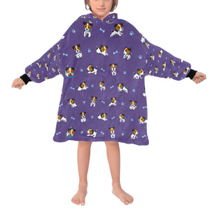image of a kid wearing a jack russell terrier blanket hoodie for kids - lavender