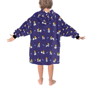 image of a midnight blue colored jack russell terrier blanket hoodie for kids - back view