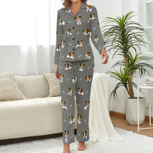 Load image into Gallery viewer, image of a woman weafing a jack russell terrier pajamas set - grey pajamas set for women