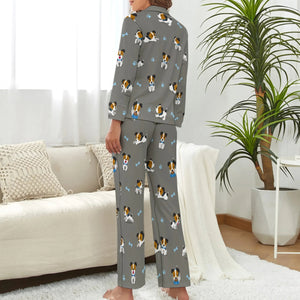 image of a woman weafing a jack russell terrier pajamas set - grey pajamas set for women - backview