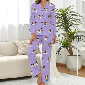 image of a woman wearing a jack russell terrier pajamas set - lavender pajamas set for women