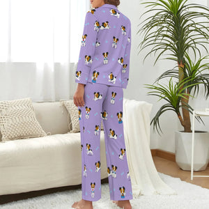 image of a woman wearing a jack russell terrier pajamas set - lavender pajamas set for women - back view