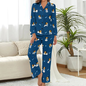 image of a woman wearing a jack russell terrier pajamas set - dark blue pajamas set for women