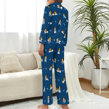 Load image into Gallery viewer, image of a woman wearing a jack russell terrier pajamas set - dark blue pajamas set for women - back view