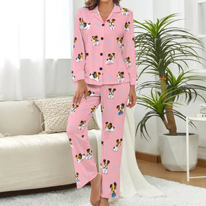 image of a woman weafing a jack russell terrier pajamas set - pink pajamas set for women