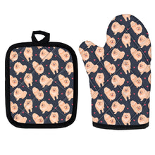 Load image into Gallery viewer, image of pomeranian oven mitten gloves and pot holder set- doggo mittens