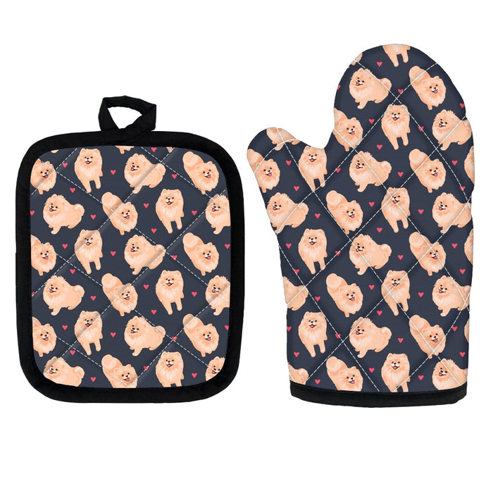 image of pomeranian oven mitten gloves and pot holder set for cooking - doggo mittens