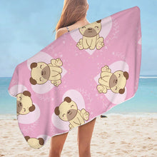 Load image into Gallery viewer, Image of a lady flaunting her Pug beach towel in pink color Labrador with hearts design