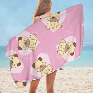 Image of a lady flaunting her Pug beach towel in pink color Labrador with hearts design