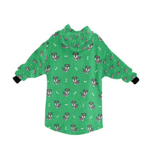 Load image into Gallery viewer, image of a green blanket hoodie with schnauzers and bones design