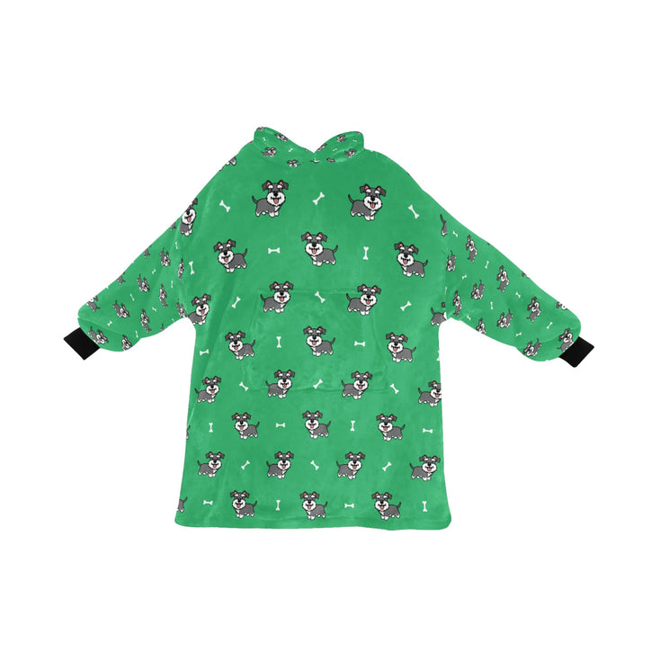image of a green blanket hoodie with schnauzers and bones design - back view