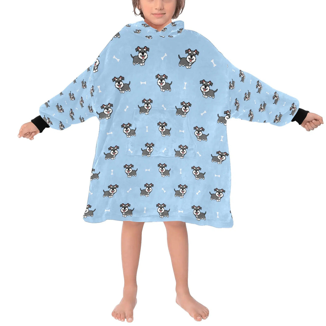 Image of a kid wearing a schnauzer blanket hoodie for kids - light blue