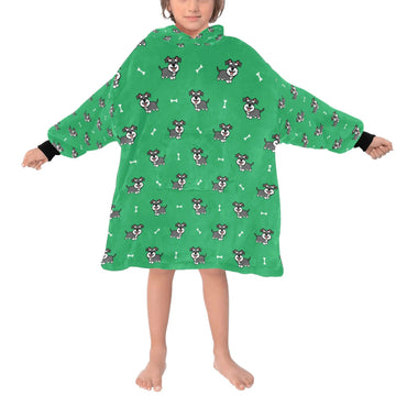 Image of a kid wearing a schnauzer blanket hoodie for kids - green