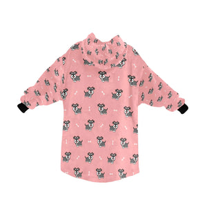 image of a light pink blanket hoodie with schnauzers and bones design - back view