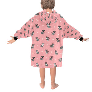 image of a light pink blanket hoodie with schnauzers and bones design - back view