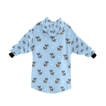 Load image into Gallery viewer, image of a light blue blanket hoodie with schnauzers and bones design - back view