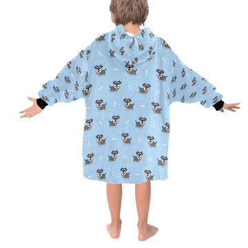 image of a light blue blanket hoodie with schnauzers and bones design - back view