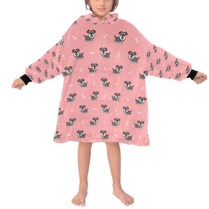 Image of a kid wearing a schnauzer blanket hoodie for kids - light pink