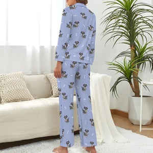 image of a woman wearing a lavender pajamas set for women - schnauzer pajamas set for women - back view