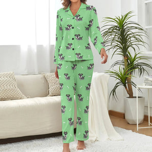 image of a woman wearing a green pajamas set for women - schnauzer pajamas set for women