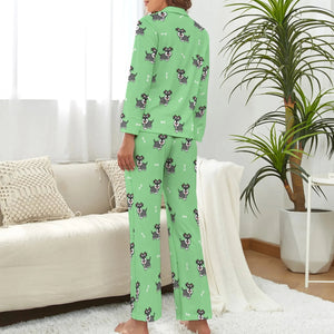 image of a woman wearing a green pajamas set for women - schnauzer pajamas set for women - back view