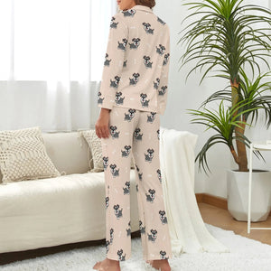 image of a woman wearing a beige pajamas set for women - schnauzer pajamas set for women - back view