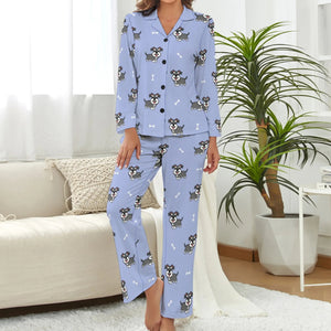 image of a woman wearing a lavender pajamas set for women - schnauzer pajamas set for women
