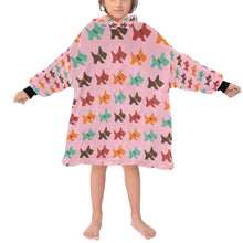 Load image into Gallery viewer, image of a kid wearing a scottish terrier blanket hoodie for kids - light pink