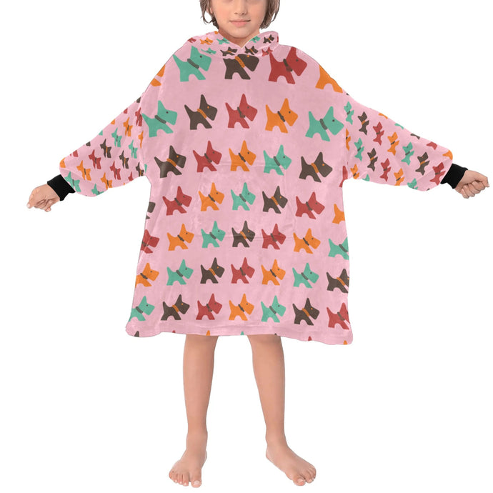 image of a kid wearing a scottish terrier blanket hoodie for kids - light pink