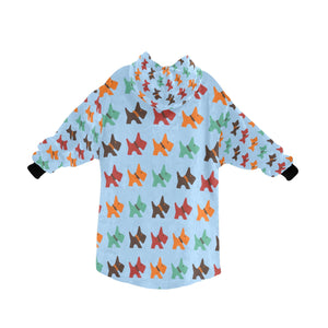 image of a light blue colored Scottish terrier blanket hoodie for kids - back view