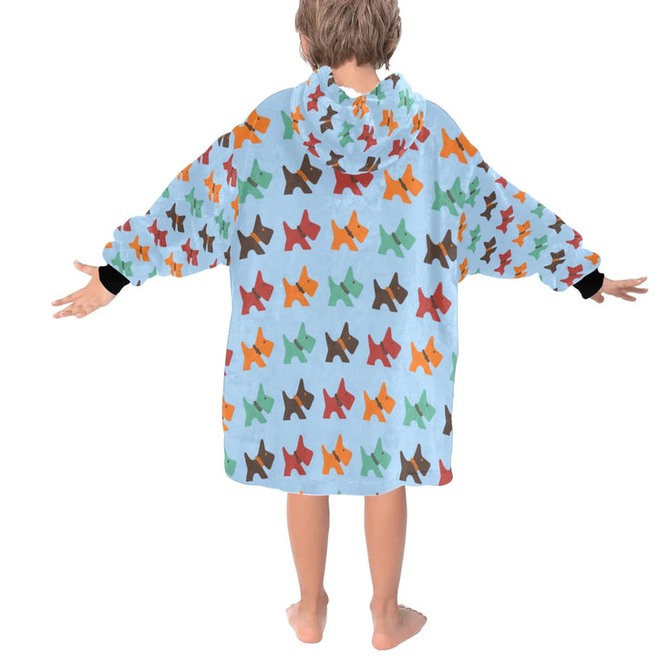 image of a light blue colored Scottish terrier blanket hoodie for kids  - back view