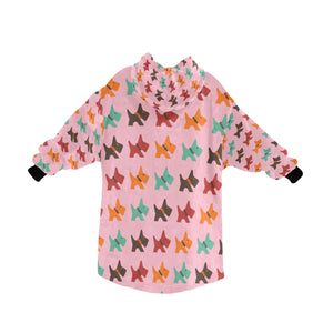 image of a light pink colored Scottish terrier blanket hoodie for kids  - back view