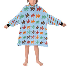 Load image into Gallery viewer, image of a kid wearing a scottish terrier blanket hoodie for kids - light blue