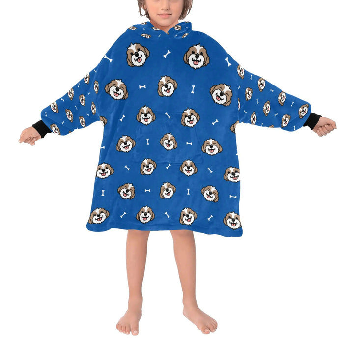 image of a kid wearing a shih tzu blanket hoodie for kids - dark blue