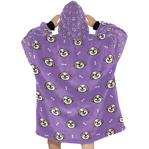 image of a purple blanket hoodie for women with bichon frise design - bichon frise blanket hoodie for women - back view