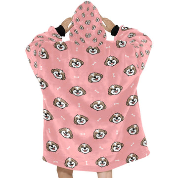 image of a light pink blanket hoodie for women with bichon frise design - bichon frise blanket hoodie for women - back view