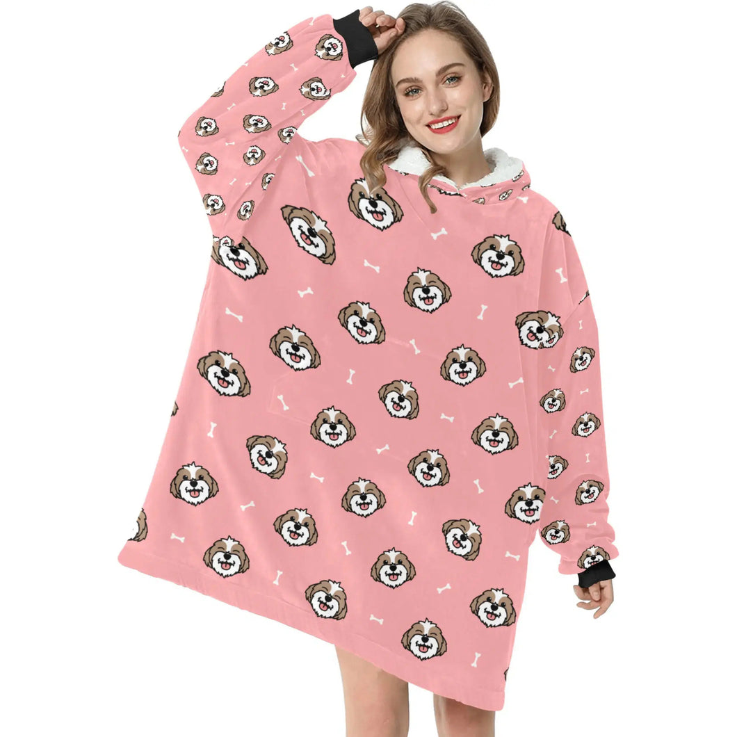 image of a woman wearing a shih tzu blanket hoodie - light pink