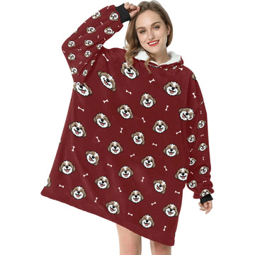 image of a woman wearing a shih tzu blanket hoodie - marooon