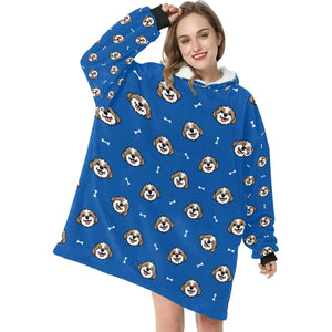 image of a woman wearing a shih tzu blanket hoodie - blue