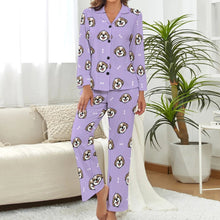 Load image into Gallery viewer, image of shih tzu pajamas set for women - navy blue - lavender