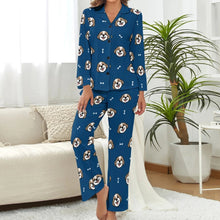 Load image into Gallery viewer, image of a woman wearing a navy blue pajamas set for women - shih tzu pajamas set for women