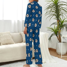 Load image into Gallery viewer, image of a woman wearing a navy blue pajamas set for women - shih tzu pajamas set for women - backview