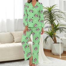 Load image into Gallery viewer, image of a woman wearing a green pajamas set for women - shih tzu pajamas set for women