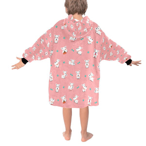 image of a light pink colored west highland terrier blanket hoodie for kids  - back view