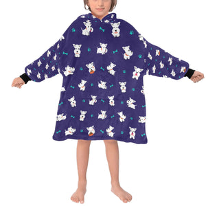 image of a kid wearing a west highland terrier blanket hoodie for kids - purple