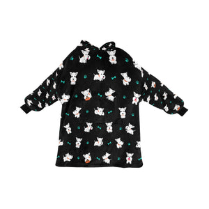 image of a black colored west highland terrier blanket hoodie for kids 