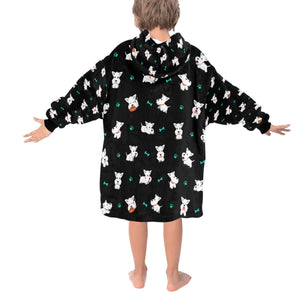 image of a black colored west highland terrier blanket hoodie for kids  - back view